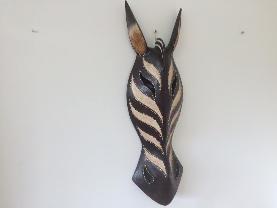Hand Carved Black and Cream Zebra Tribal Mask - 50cm