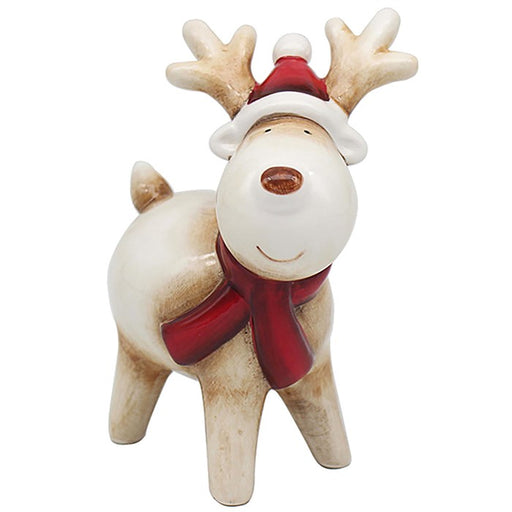 Fun Ceramic Reindeer , Red Scarf and Santa Hat