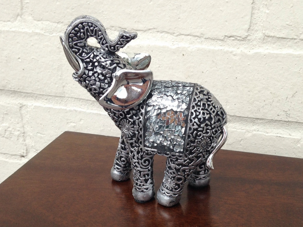 Trunk Up Small Elephant Ornament - Silver Black Finish -13cm 