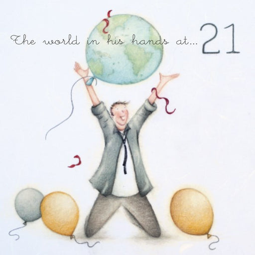 Mens 21st Birthday Card - The World In His Hands - Berni Parker
