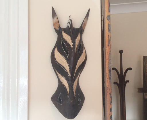 Hand Carved Black and Cream Zebra Tribal Mask - 30cm